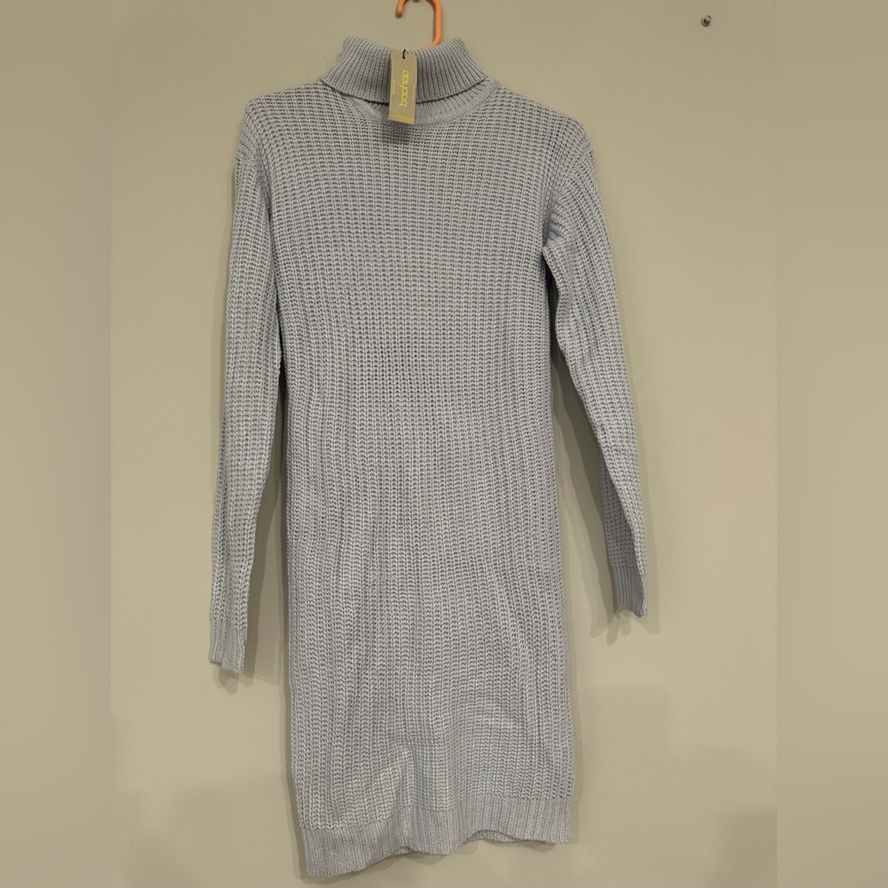 Boohoo Dusty Blue Roll Neck Sweater Dress